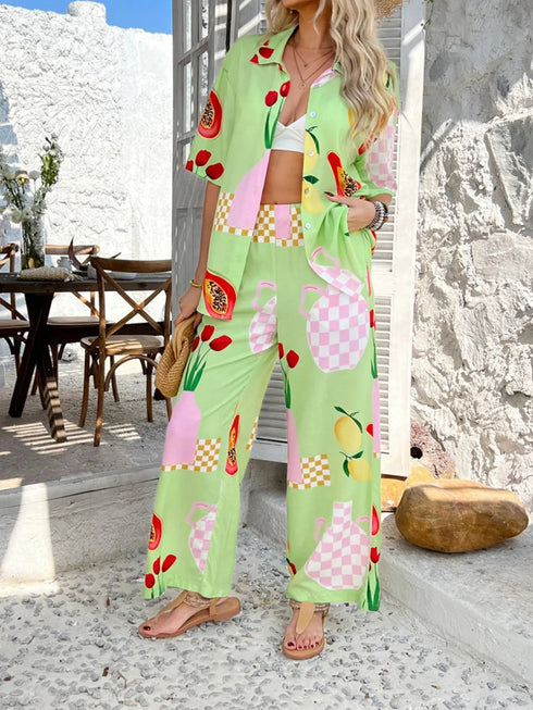 'Splendory' Collared Print Top and Pants Set - Celes Fashion